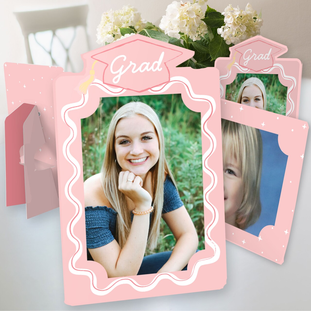 Big Dot of Happiness Pink Graduation Party Paper Photo Frames, 4x6 Picture Display Holders, Table Centerpiece Decorations – Set of 12